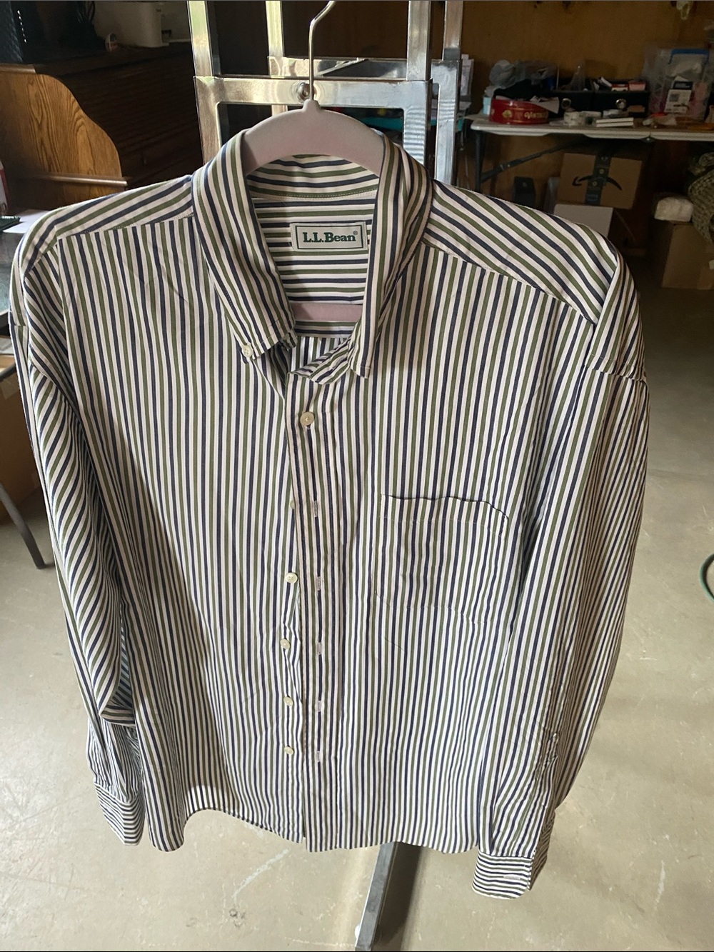 L.L. Bean Navy and Olive Striped Button-Down Shirt